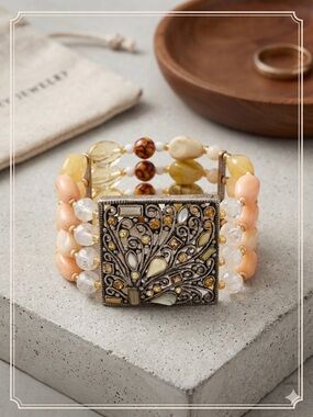 Beaded Multi-Strand Bracelet with Ornate Square Accent - Peach & Ivory